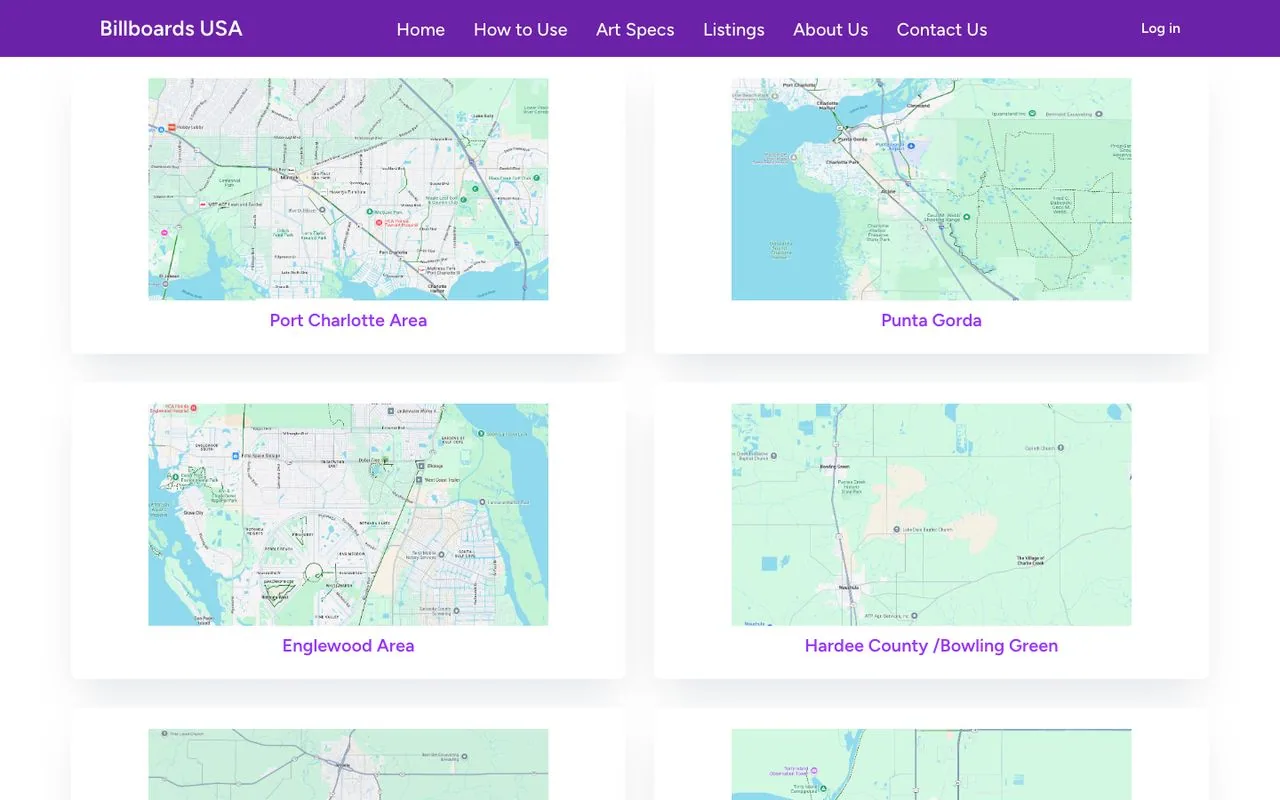 Screenshot of Billboards USA’s public homepage with advertising information and regional billboard maps.