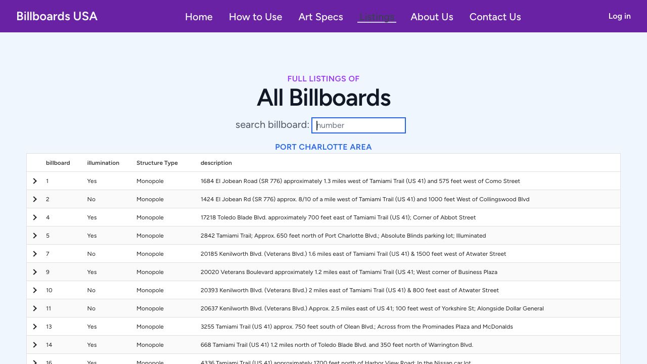 Screenshot of Billboards USA's live public billboard listings, with a number search and location, illumination, and structure details.