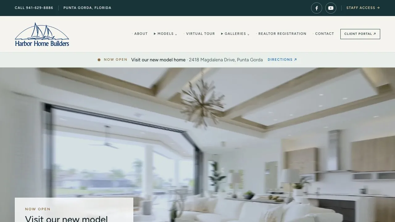 Screenshot of Harbor Home Builders' live homepage with its logo, model navigation, gallery links, and home imagery.