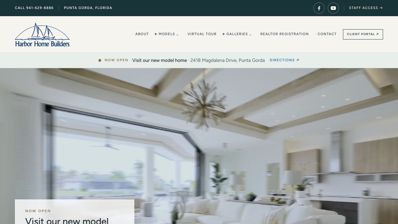 Screenshot of Harbor Home Builders' live homepage with its logo, model navigation, gallery links, and home imagery.