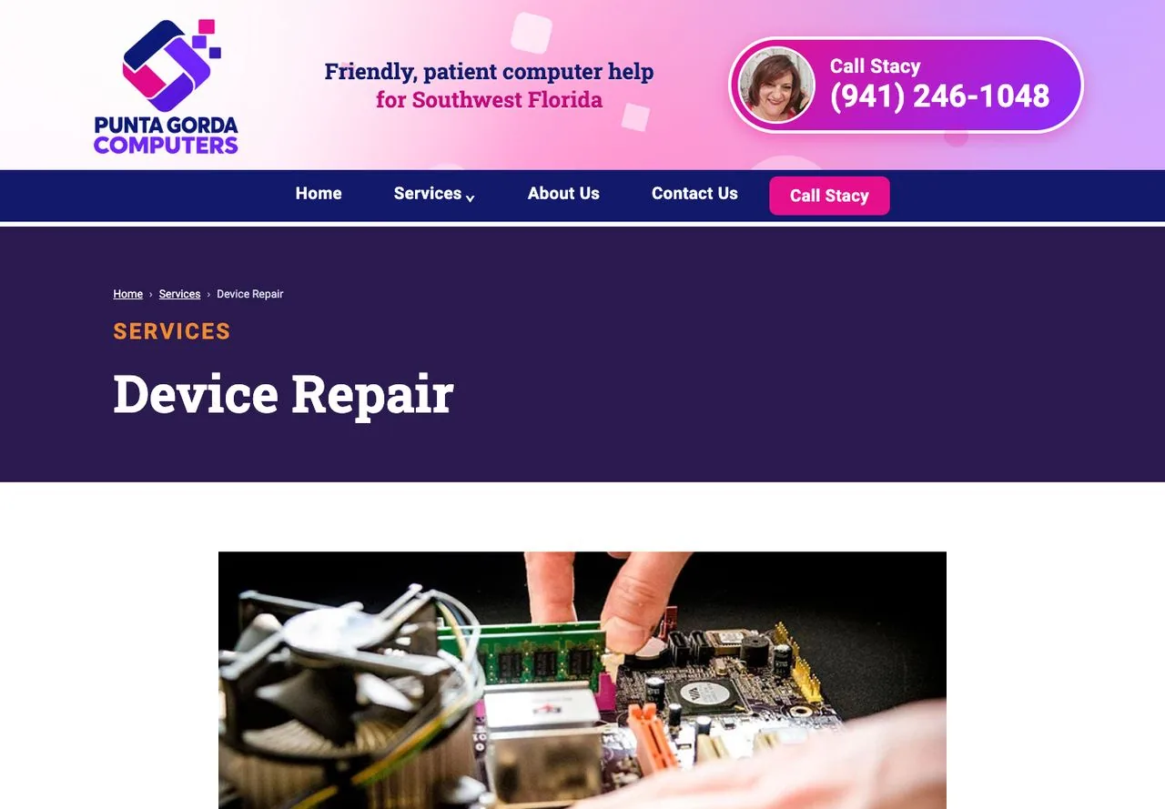 Screenshot of Punta Gorda Computers’ public Device Repair page, with its branding, contact information, and computer repair photography.