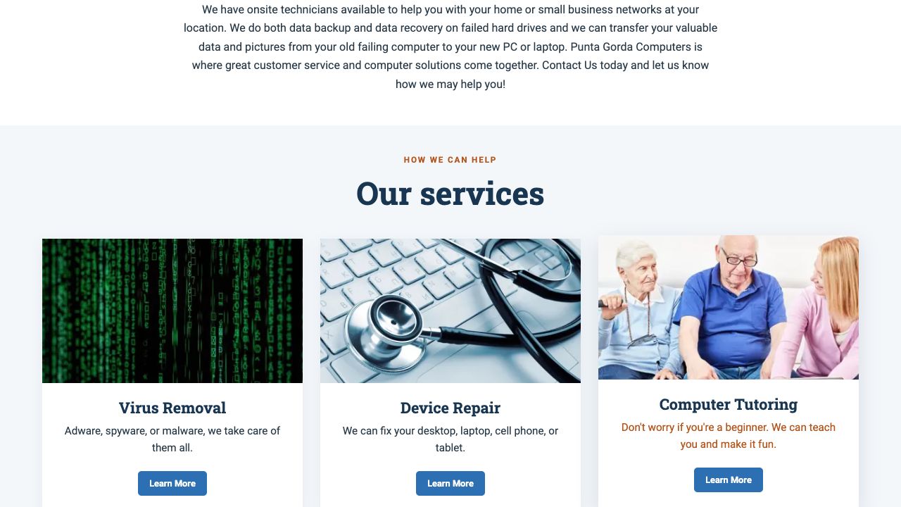 Screenshot of Punta Gorda Computers' live service cards for virus removal, device repair, and computer tutoring.